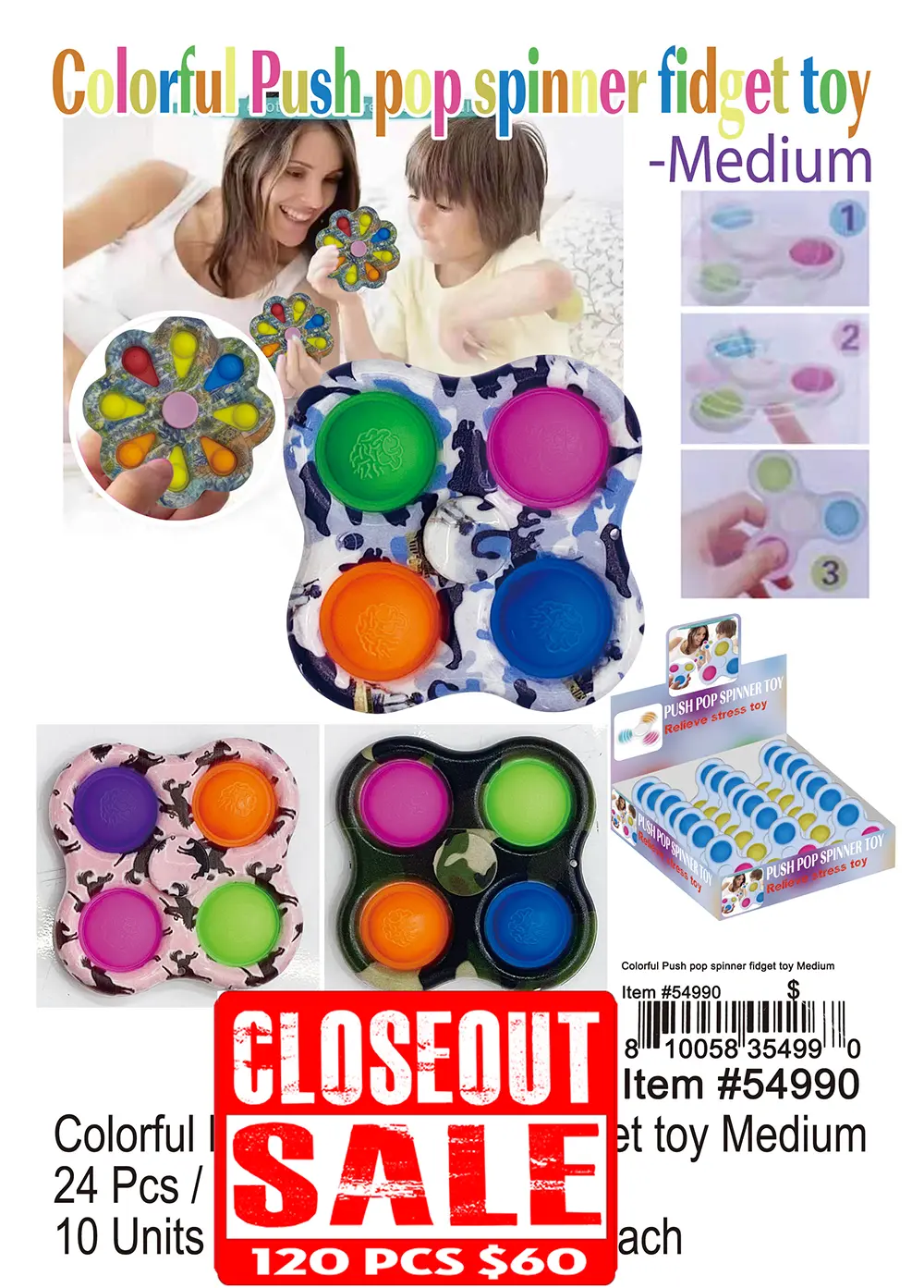 Colorful Push Pop Spinner Fidget Toy Medium - Closeout 120 Pcs.